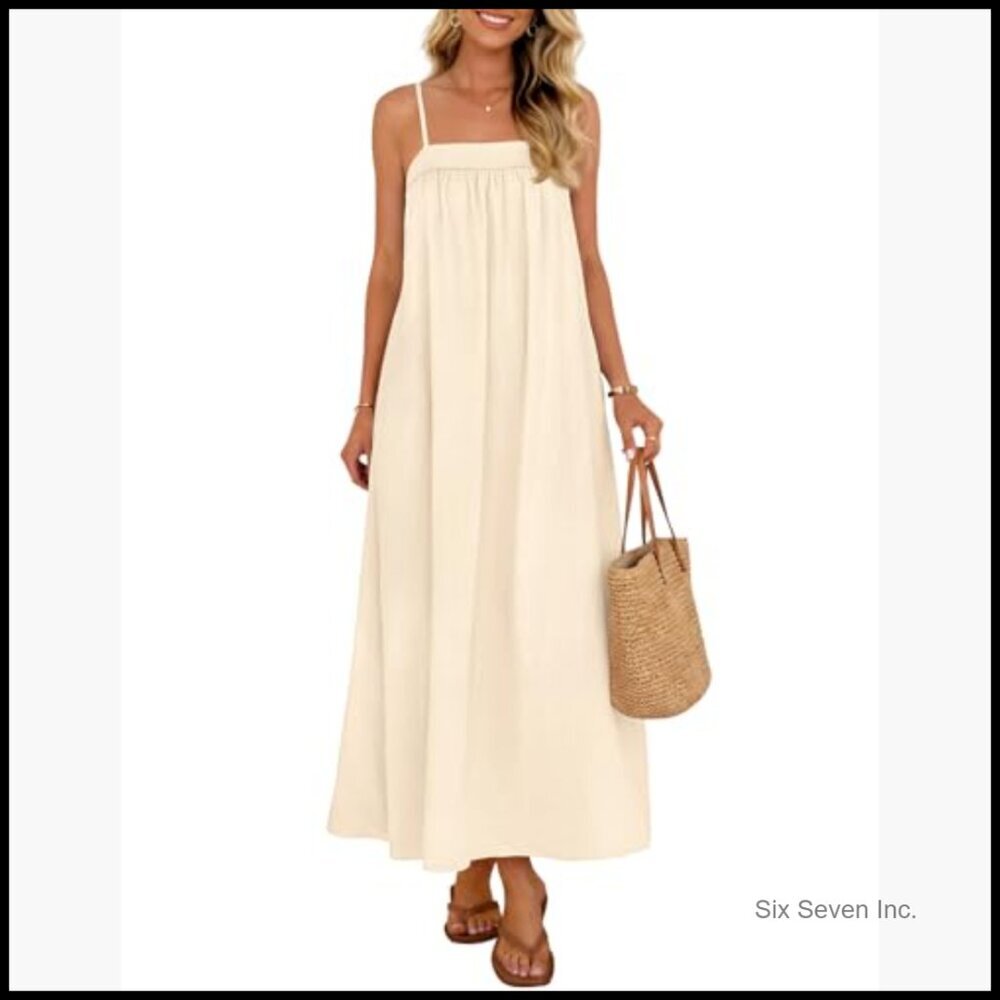 Linen Blend Maxi Sundress with Spaghetti Straps and Pockets - Picture 2 of 7
